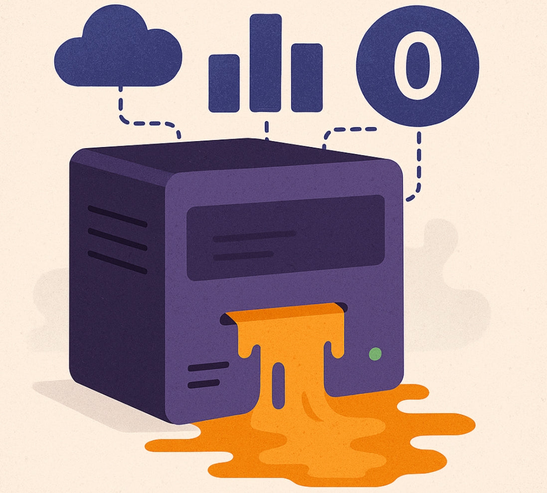 Abstract digital illustration of a purple server leaking bright orange liquid, symbolizing a data breach. The server is connected to icons representing cloud storage, analytics, and binary data, all set against a soft beige background