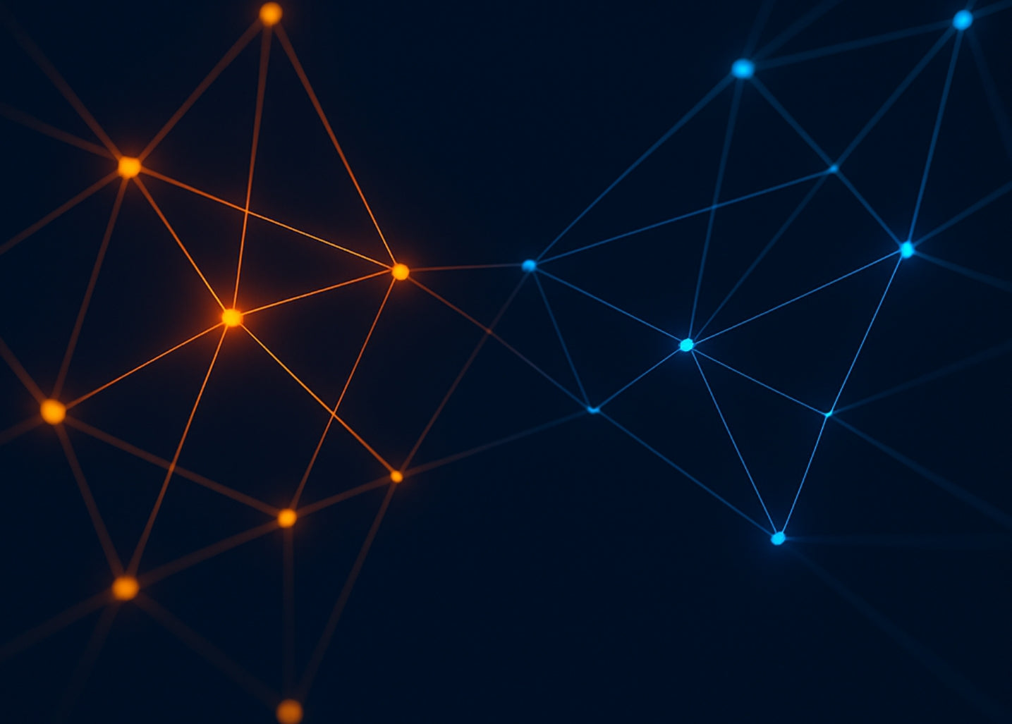 Abstract digital artwork with interconnected glowing nodes and lines on a dark blue background, featuring orange nodes on the left and blue nodes on the right, symbolizing connection and data networks.